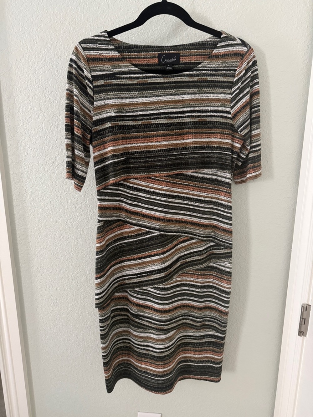 Connected apparel Striped Midi Dress - Green, Brown & White